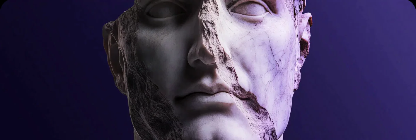 Classical statue awakening into a network of light