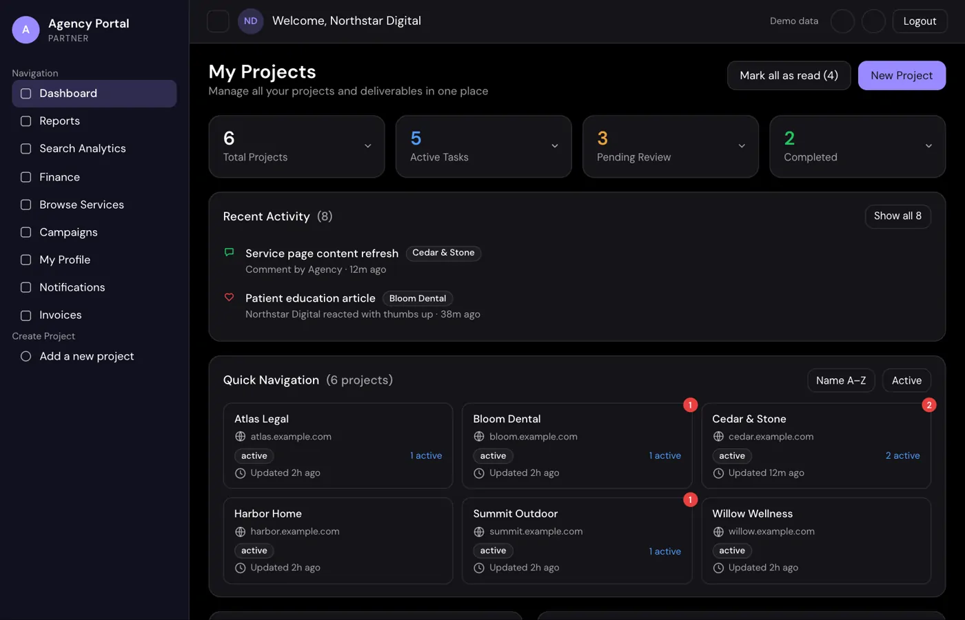 Partner portal dashboard with project counts, recent activity and a grid of client projects