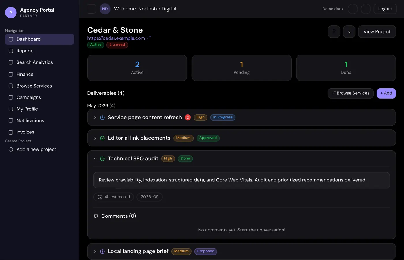 Deliverables list in the partner portal with status, files and approvals per item