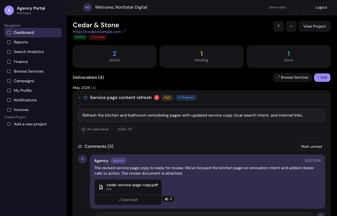 A deliverable thread in the partner portal with comments between the agency and the partner