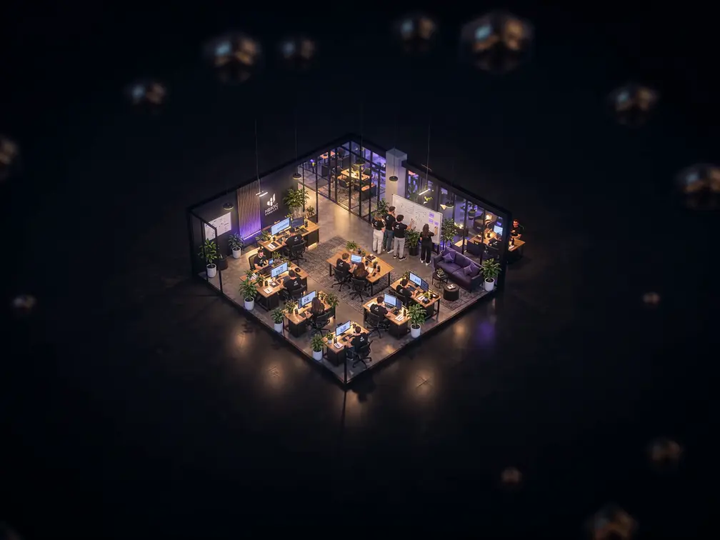The Heroic Rankings office as a lit model floating in the dark, seen from above
