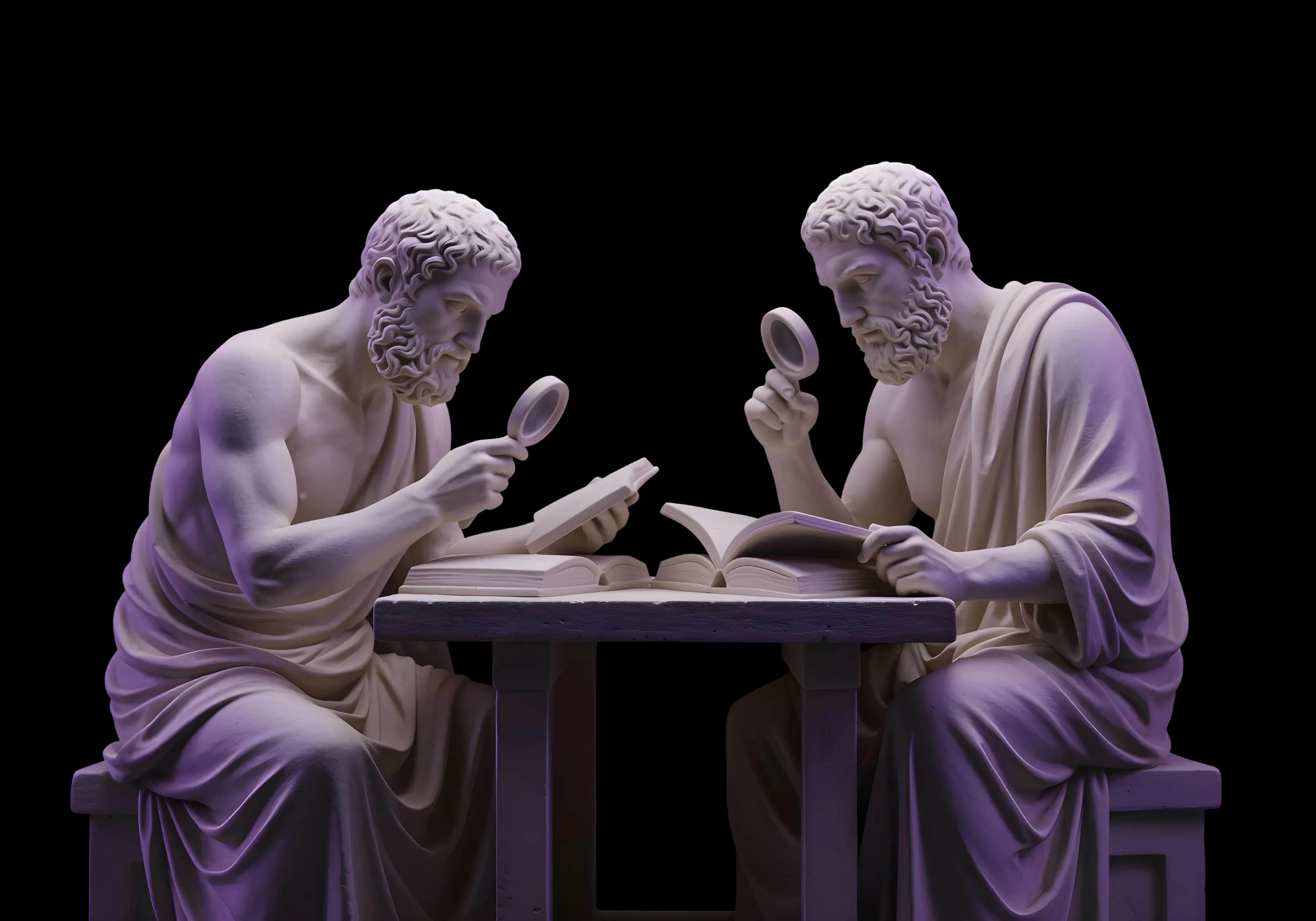 Classical statue holding a magnifying glass