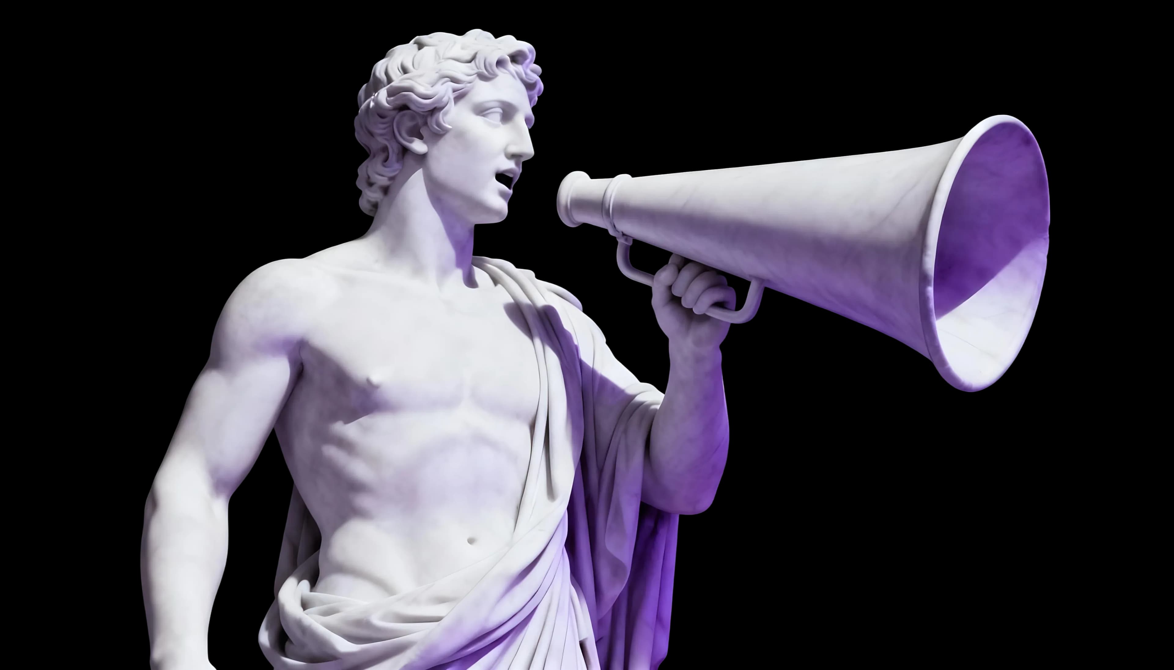 Classical statue holding a megaphone